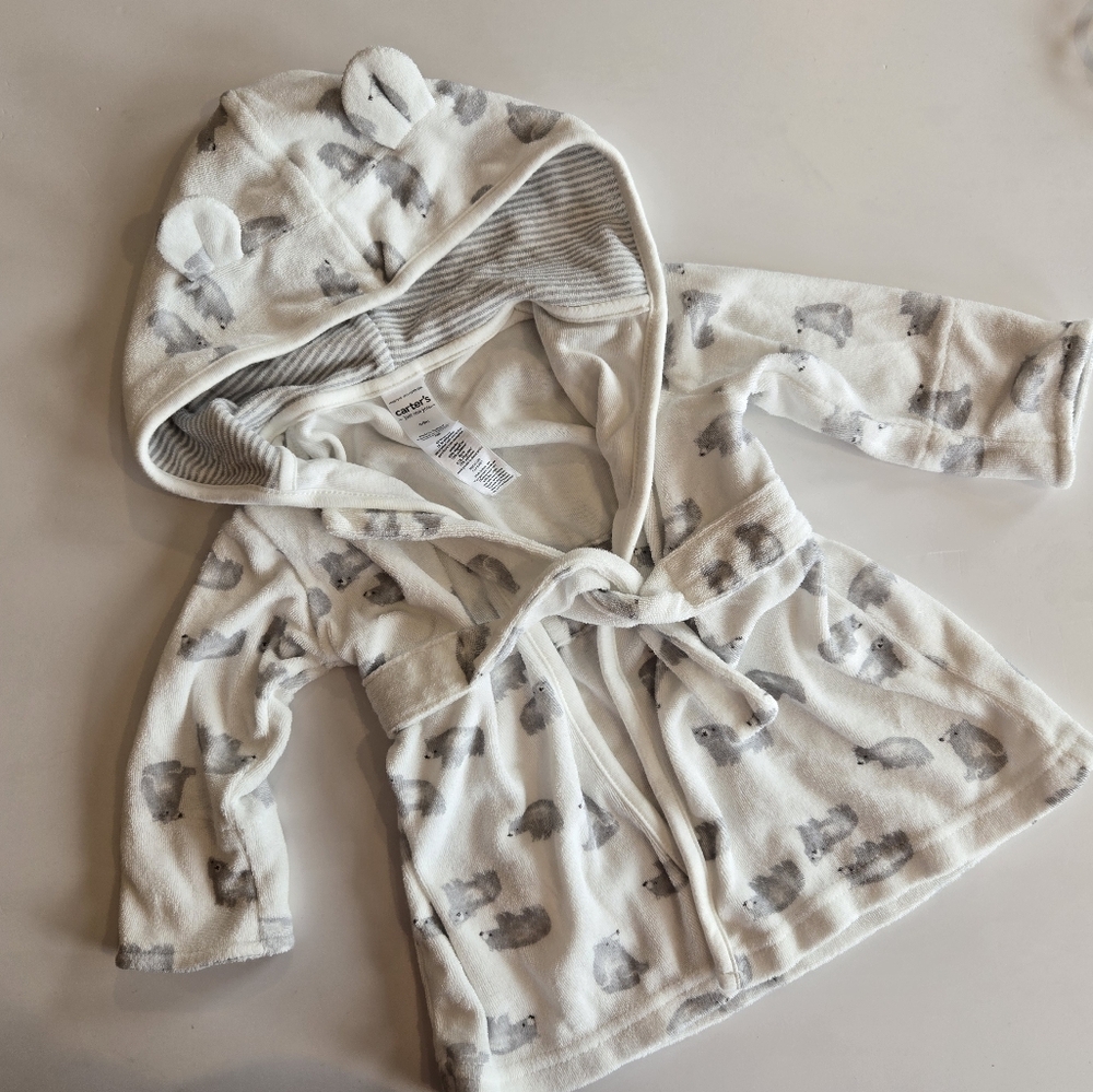 Carter's White and Gray Animal Print Kids Robe 0-9m
